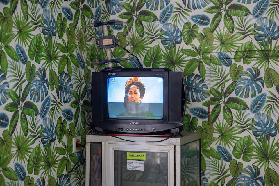 A television on a stand against leaf-patterned wallpaper.