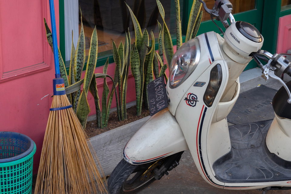 A white scooter parked beside snake plants and a bundle of palm-rib brooms against a pink wall.