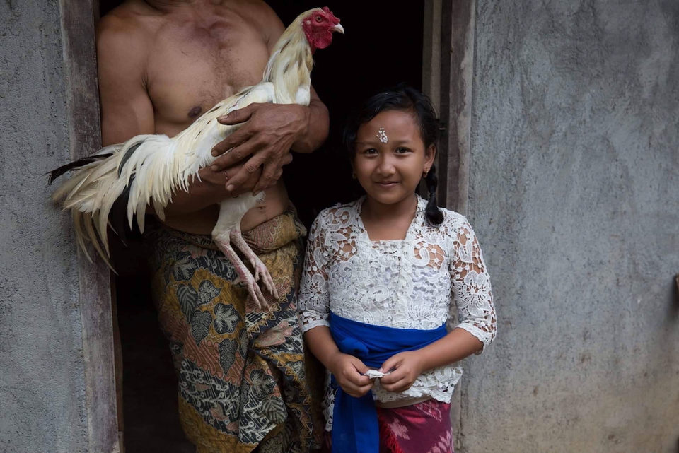 A girl in white lace stands beside a man holding a white rooster.